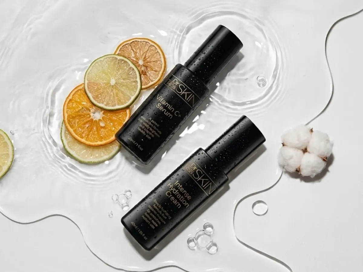 Skincare ingredients, including serums and creams with key actives for hydration and skin health