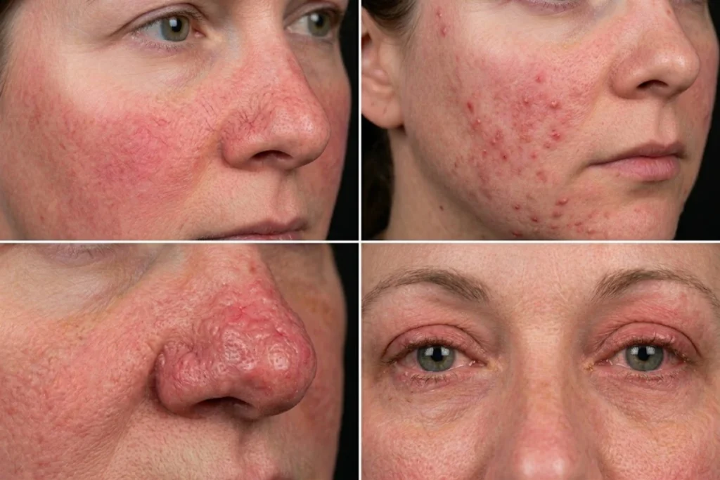 four types of rosacea showing different rosacea symptoms and skin presentations